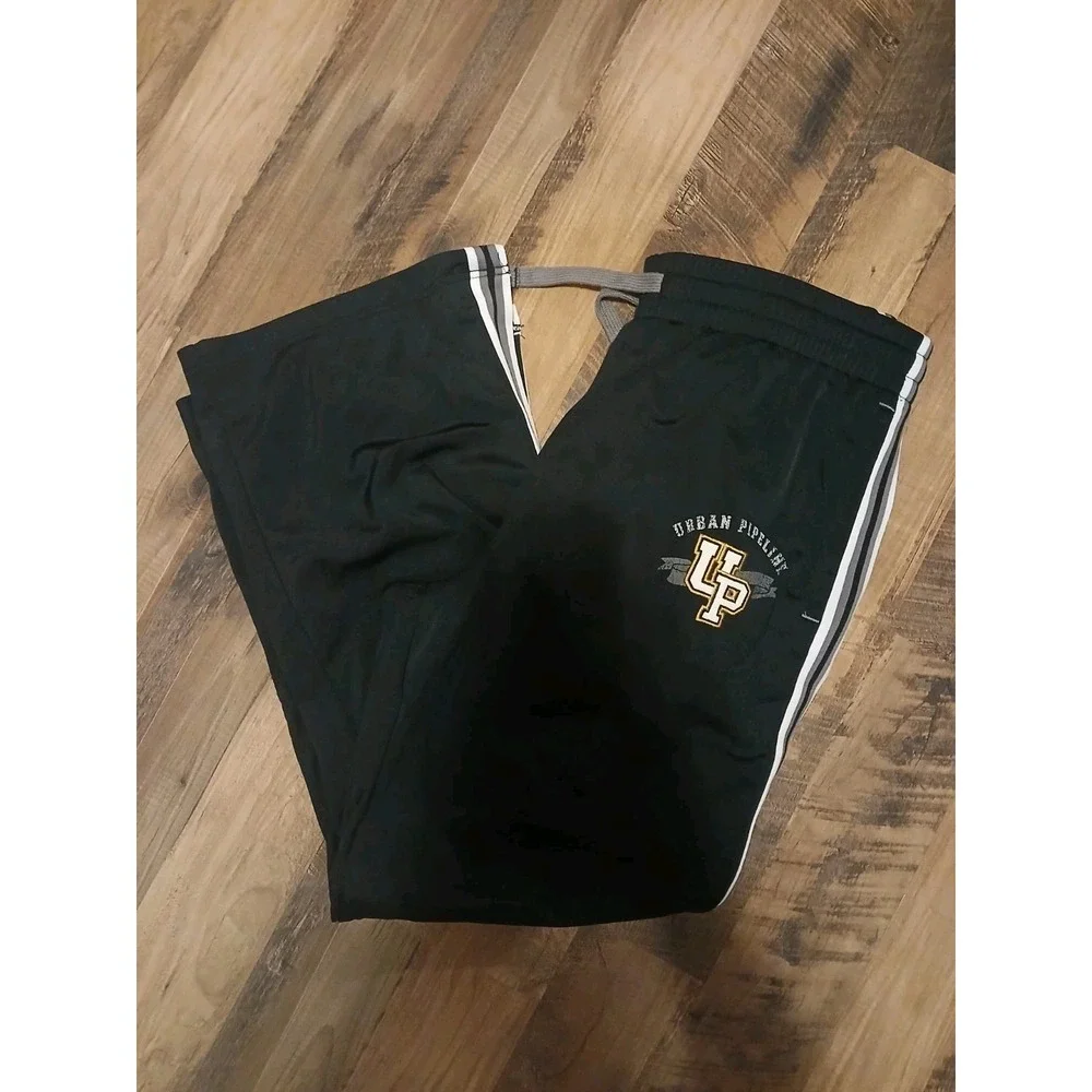 Urban Pipeline Mens M Black Track Pants Y2K Side Stripe Zip Leg 27